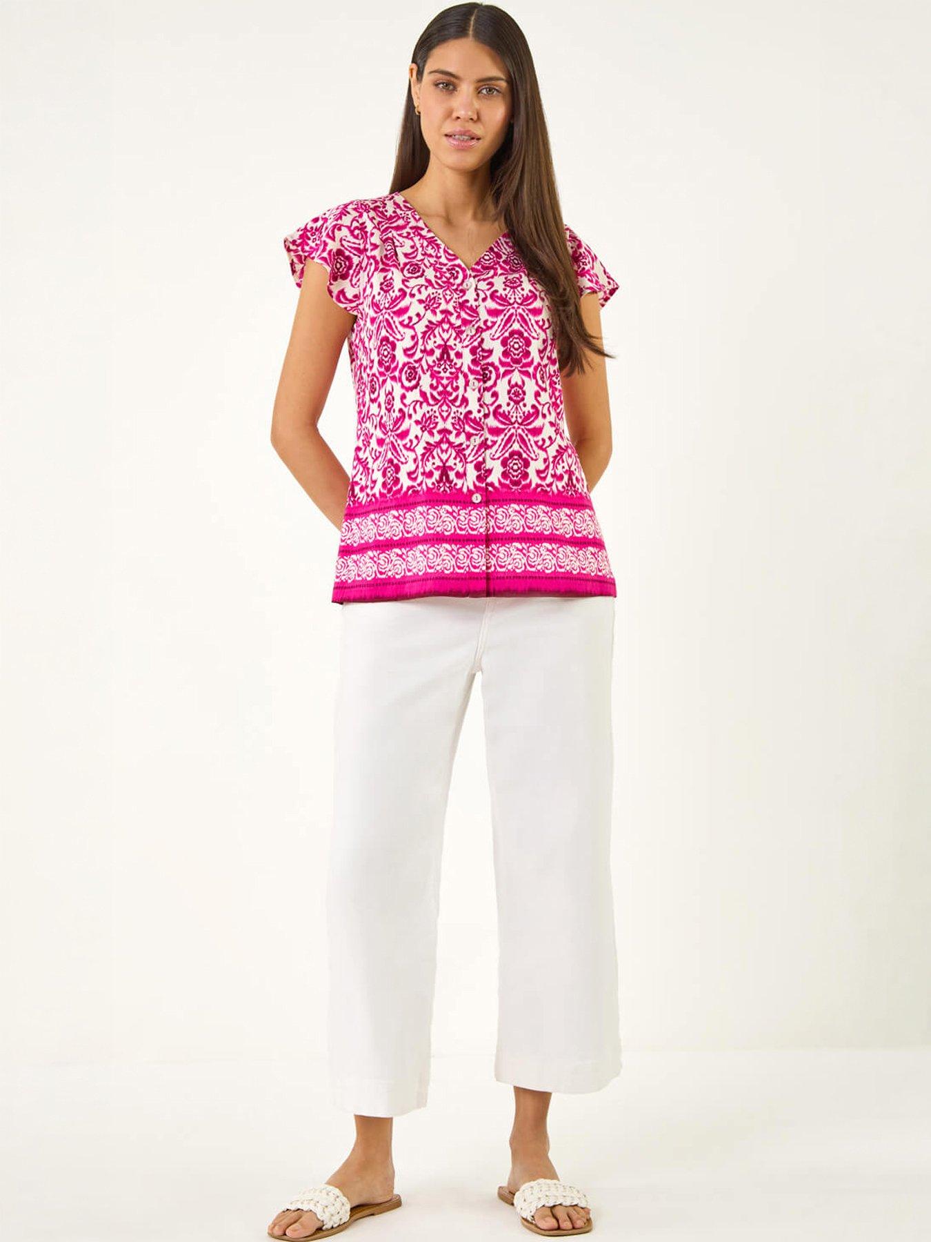  image of roman-floral-border-print-frill-blouse