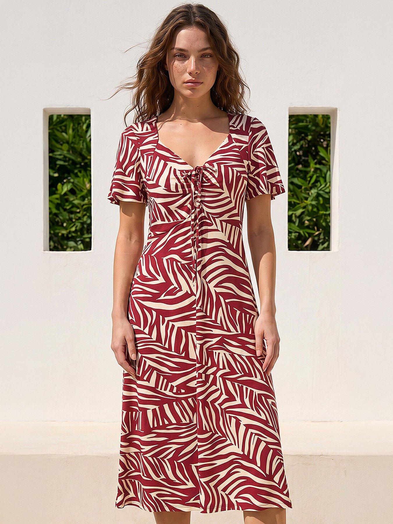 Roman Petite Animal Stretch Gathered Midi Dress