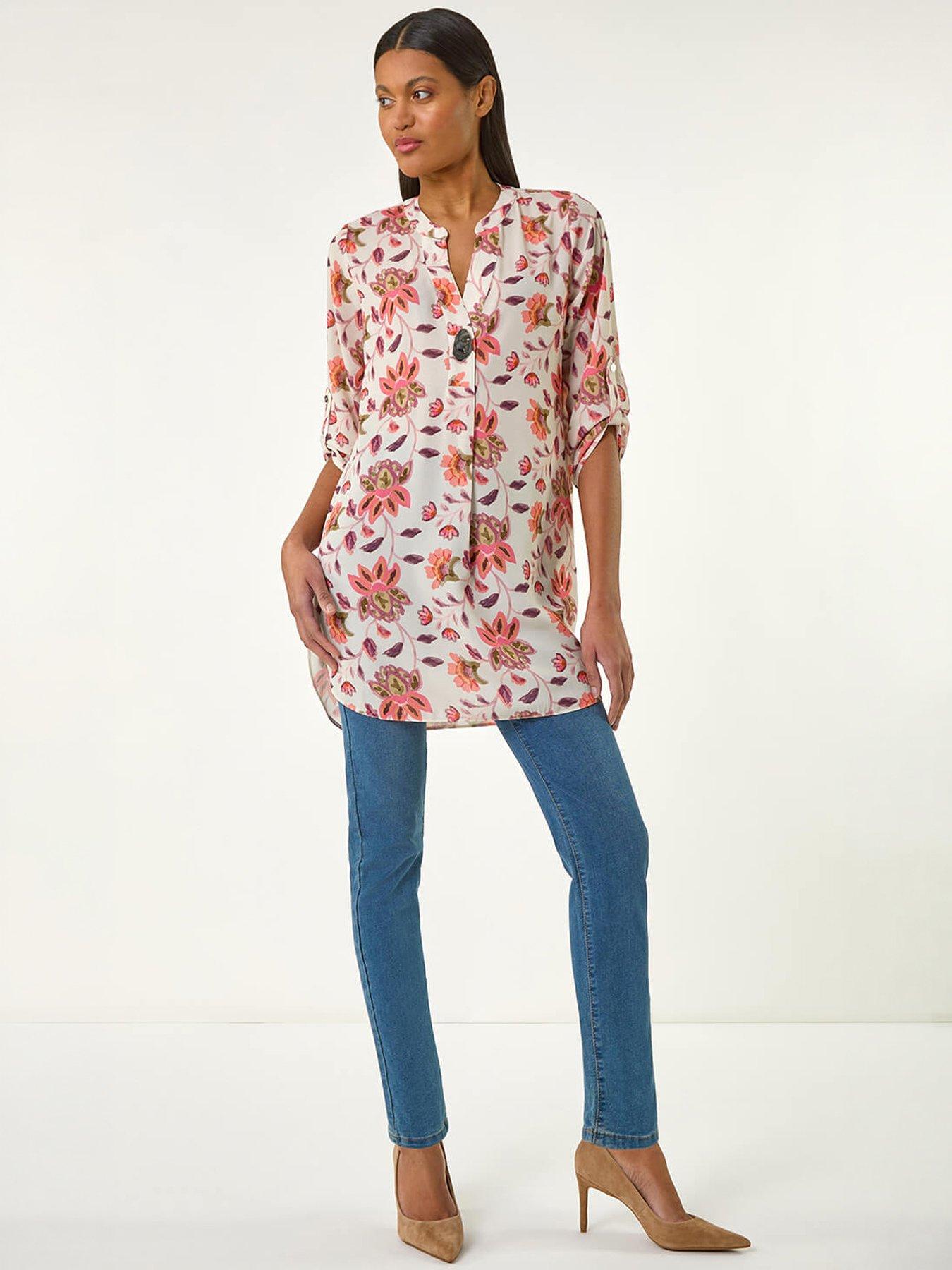 Image 5 of 5 of Roman Floral Print Button V-neck Tunic Top