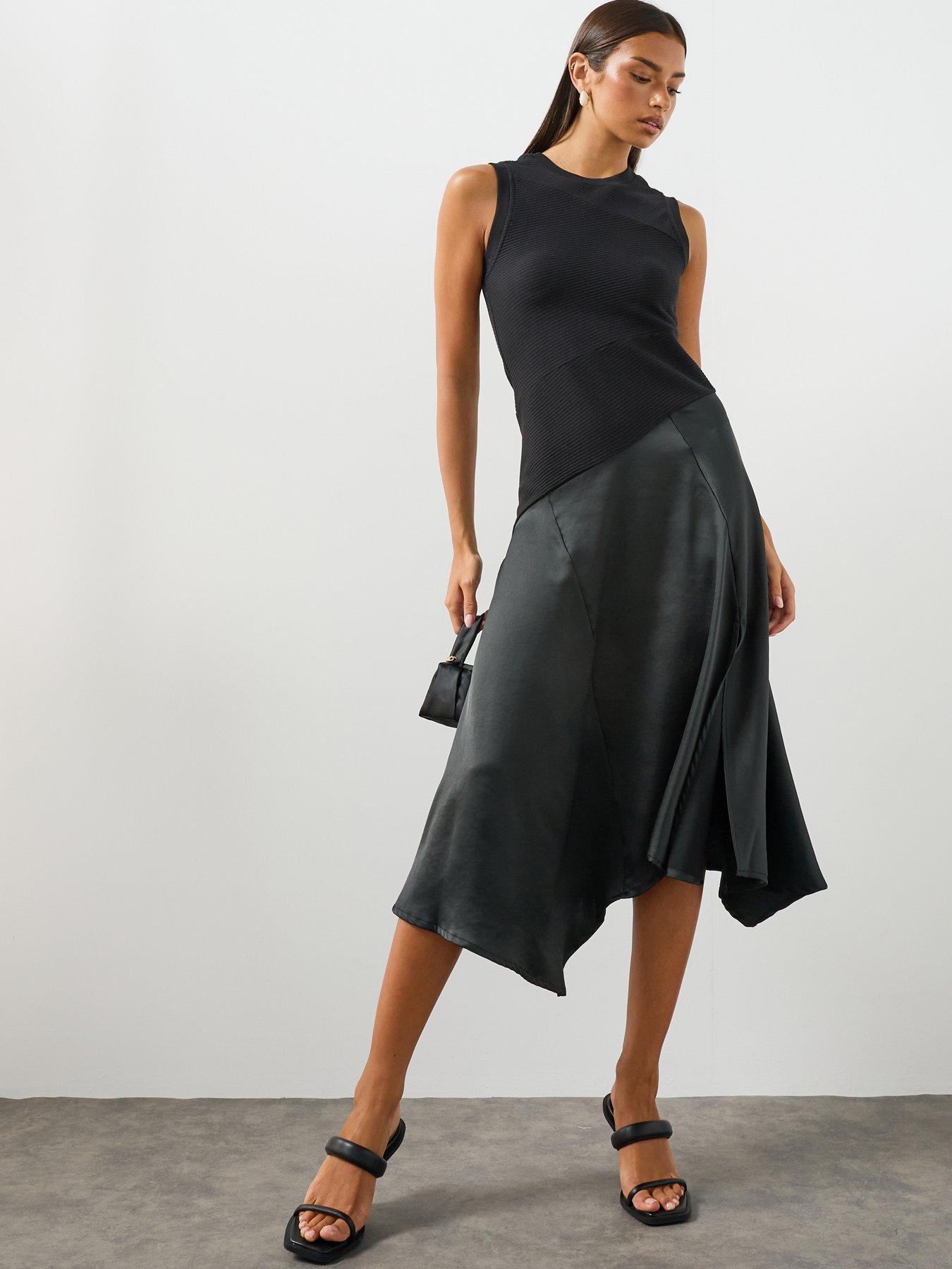 Image 1 of 6 of AllSaints Pia Asymmetric Satin Dress - Black