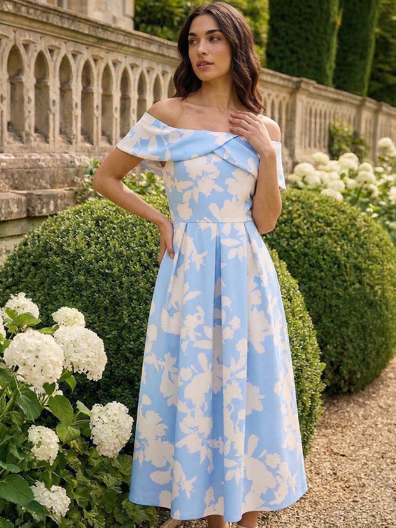 Roman Floral Bardot Premium Stretch Midi Dress