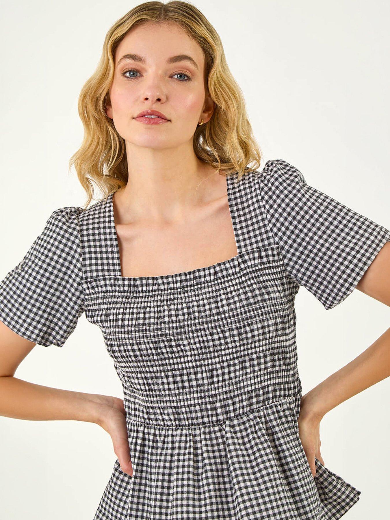 Image 3 of 5 of Roman Dusk Gingham Shirred Peplum Top