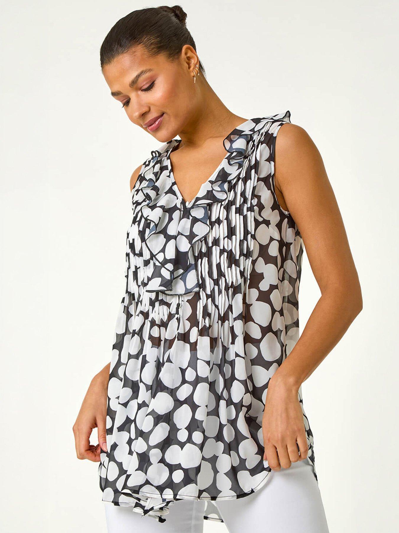 Roman Spot Print Frill Pintuck Detail Top