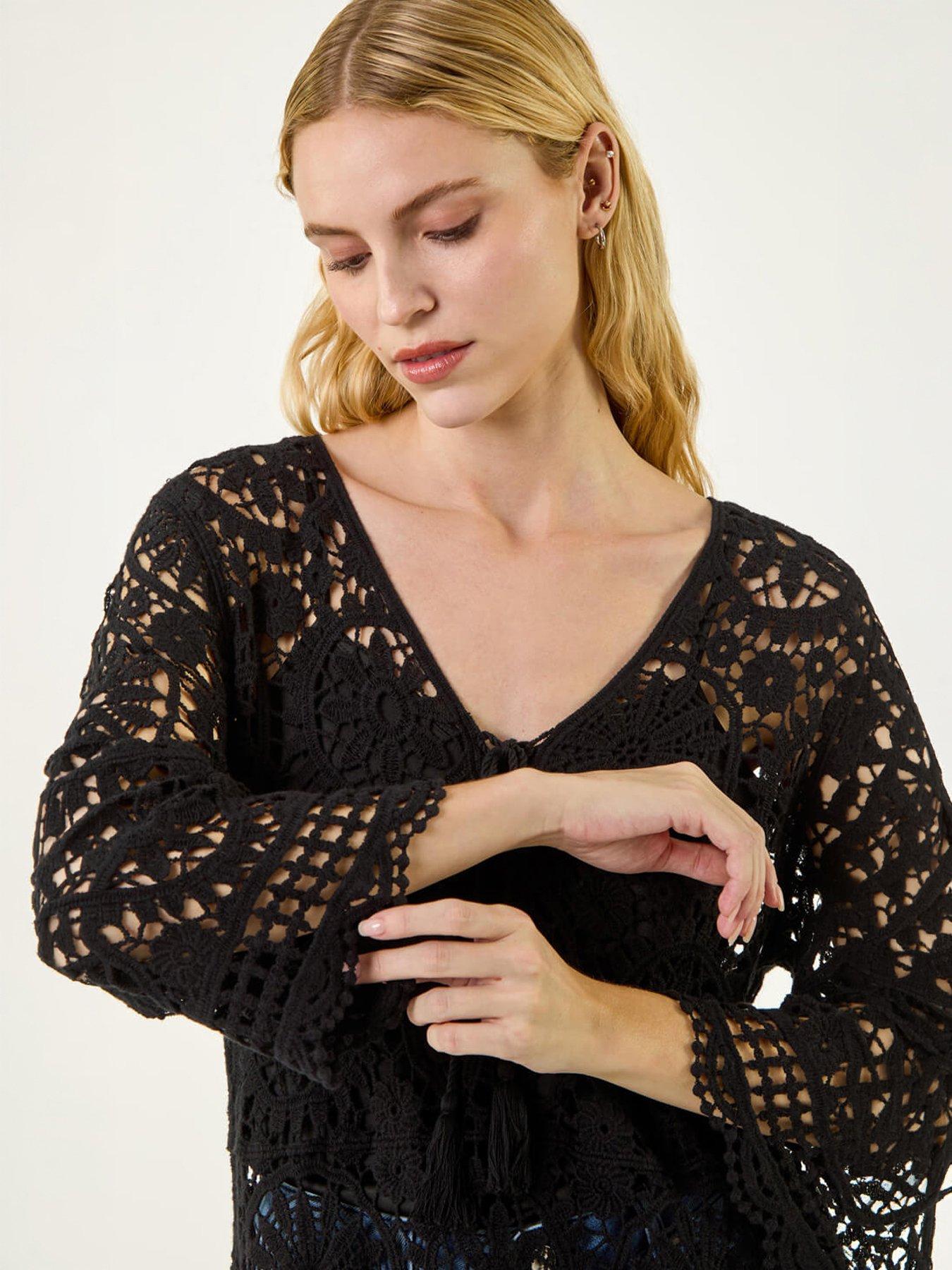 front image of roman-crochet-tie-front-knit-tunic