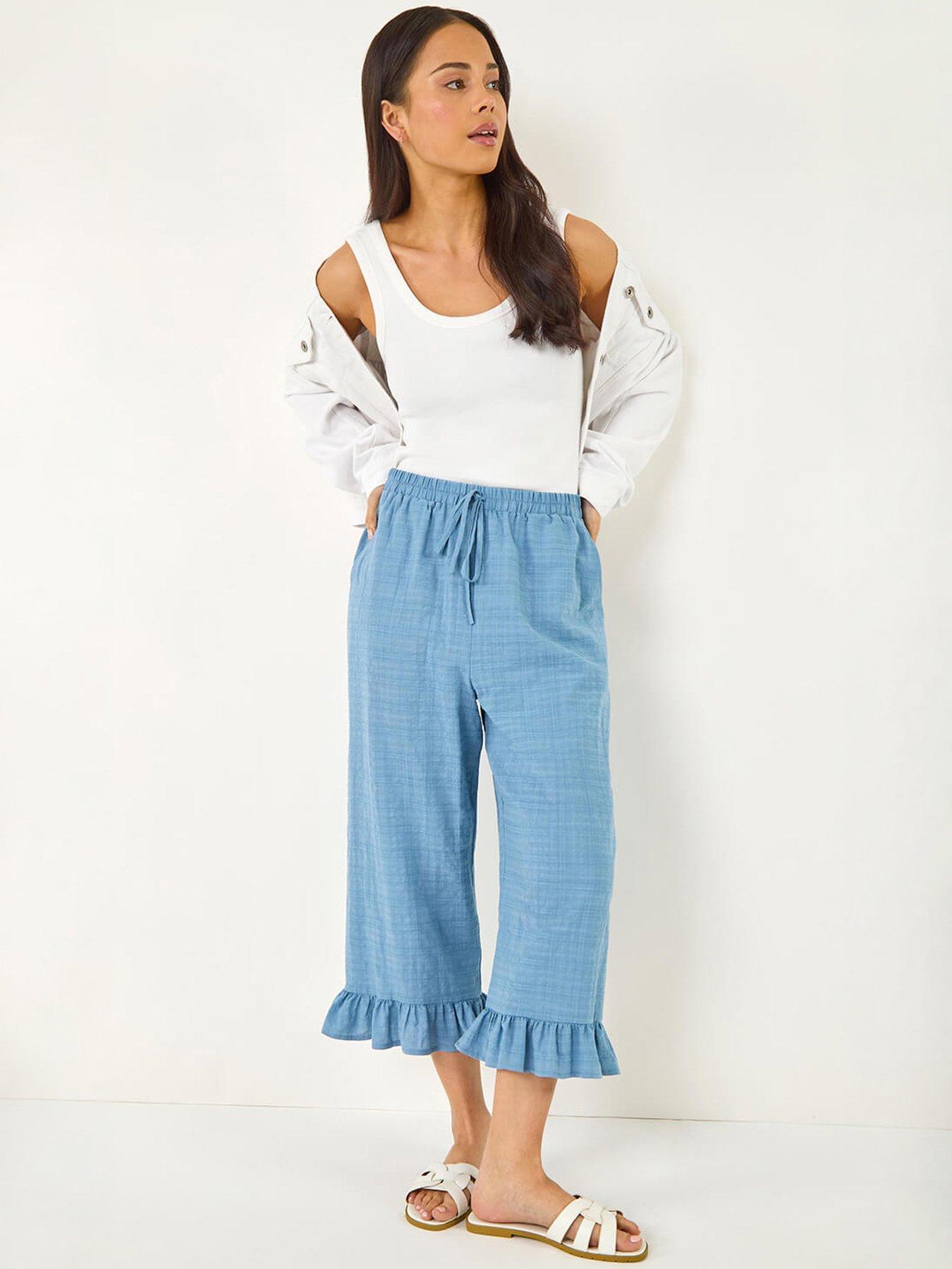 Roman Petite Cotton Cropped Frill Hem Trouser