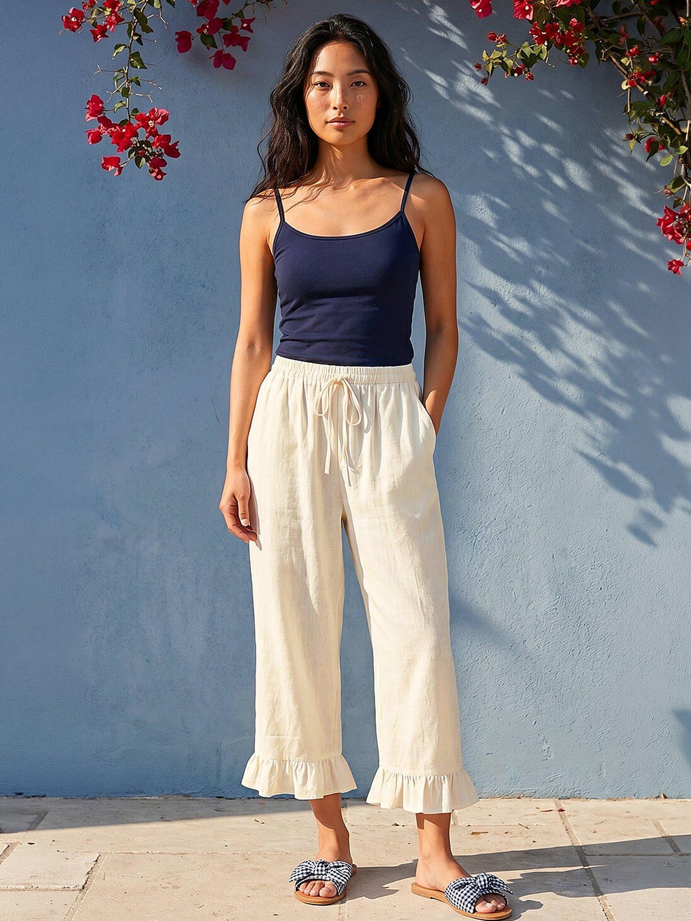 Roman Petite Cotton Cropped Frill Hem Trouser