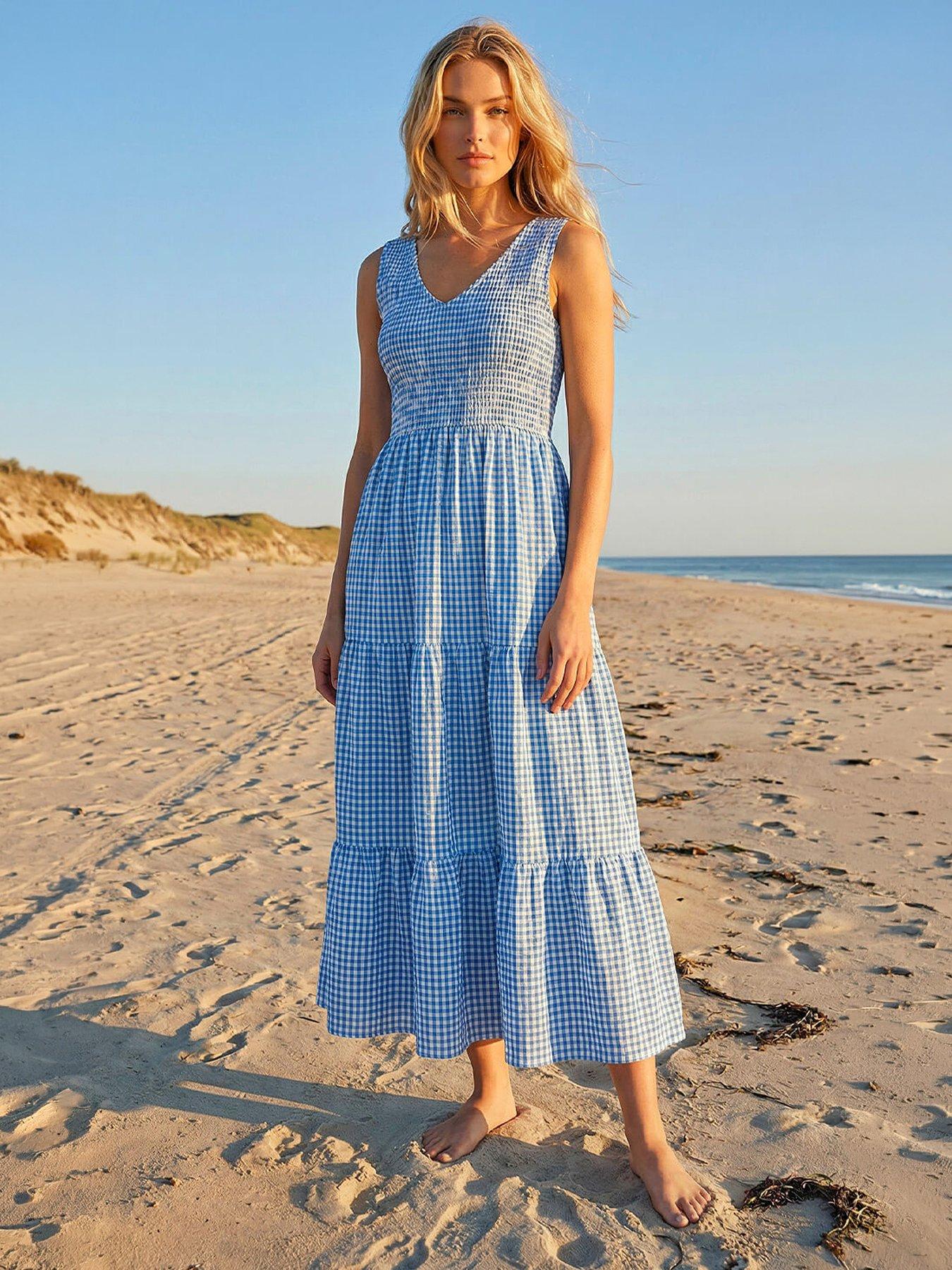 Image 1 of 5 of Roman Dusk Gingham Tiered Midi Dress