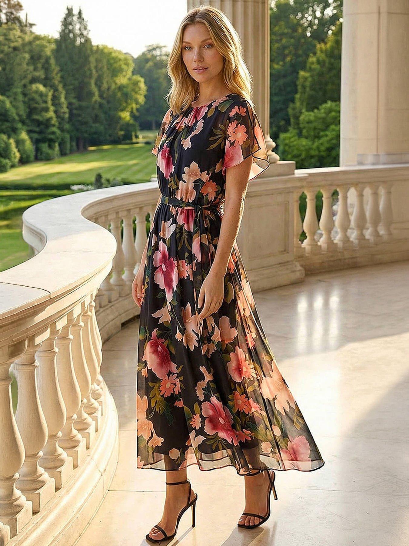 front image of roman-floral-split-sleeve-midi-dress