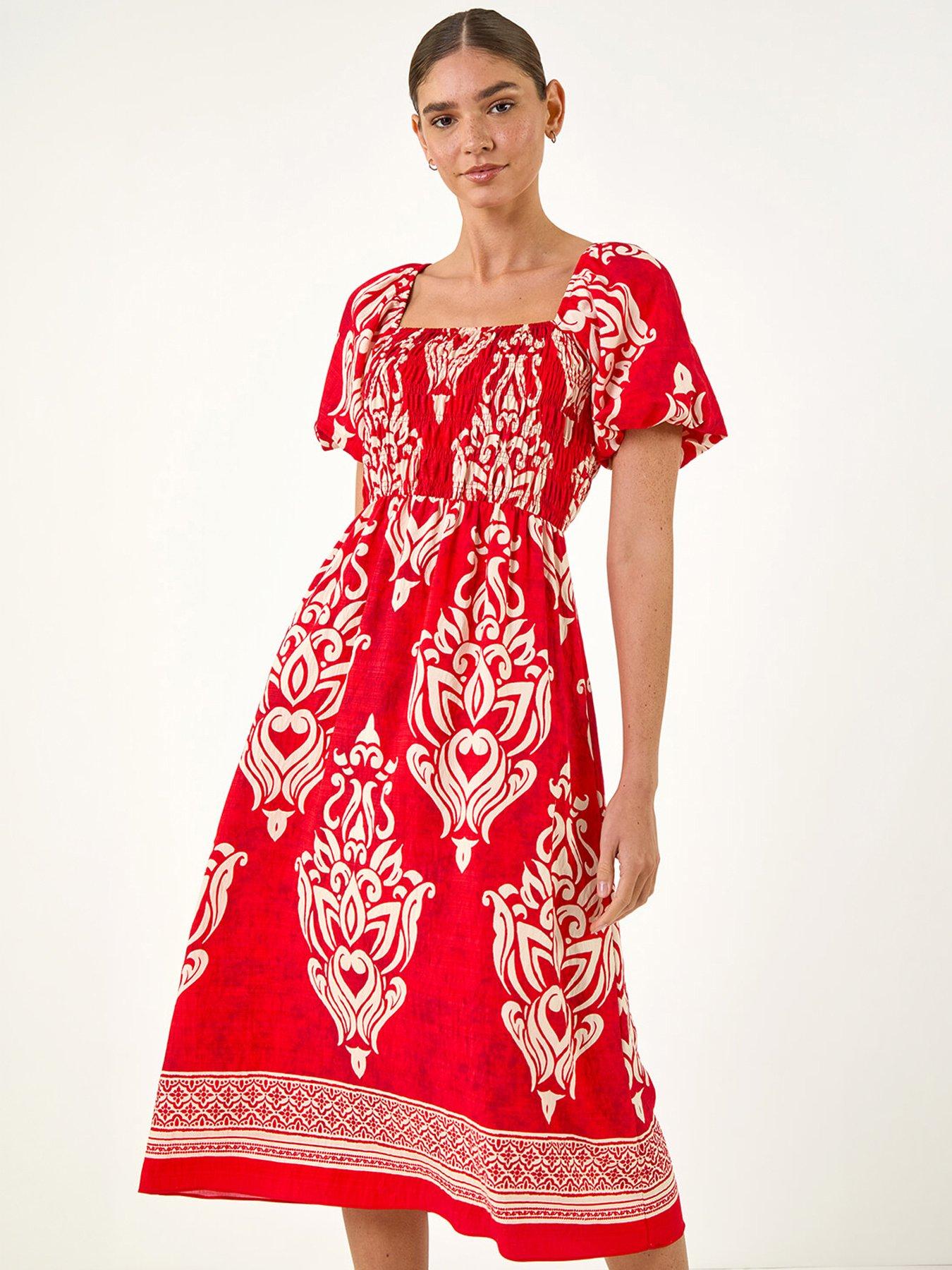 front image of roman-puff-sleeve-midi-dress