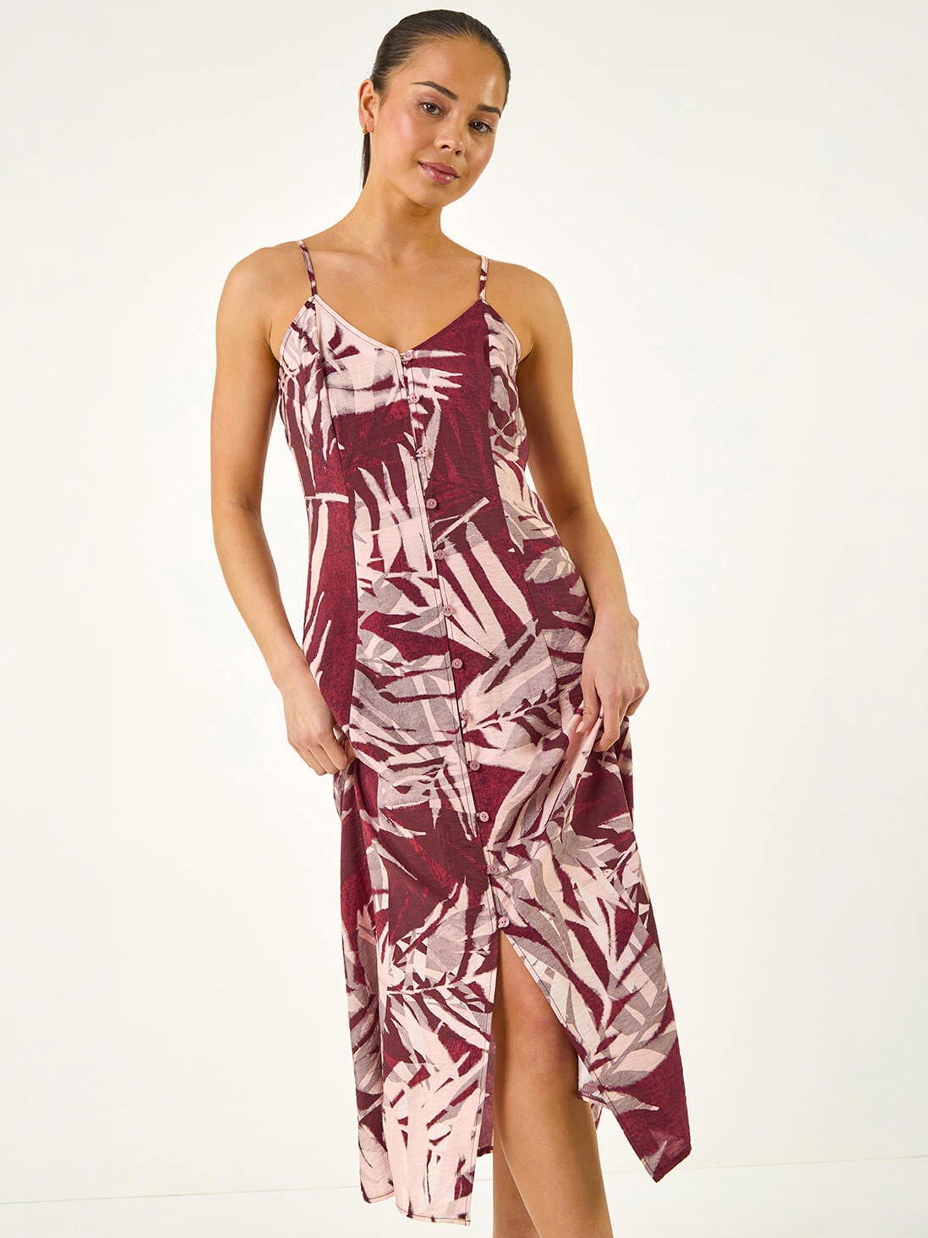 Roman Petite Leaf Print Button Midi Dress