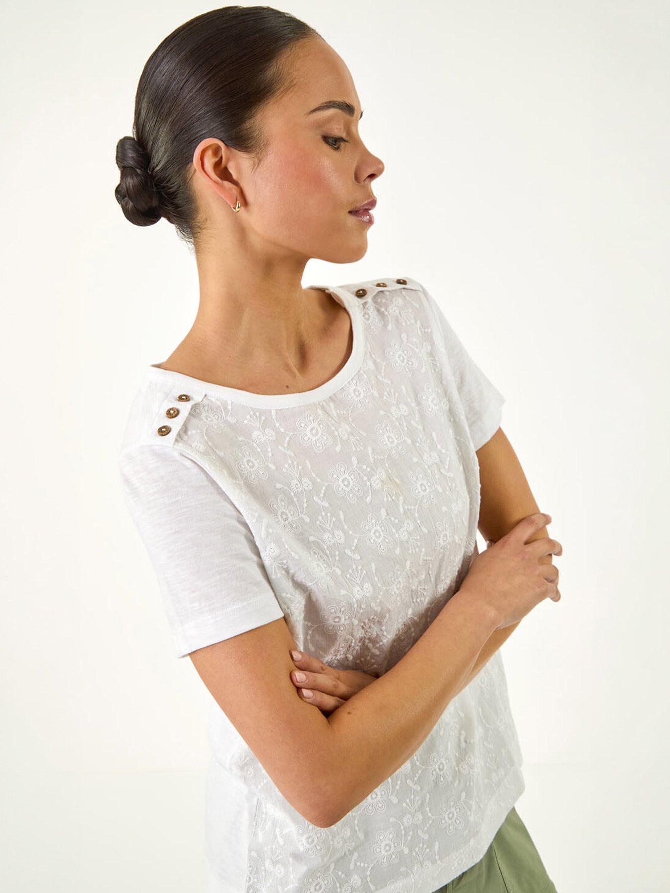 front image of roman-petite-contrast-embroidered-top