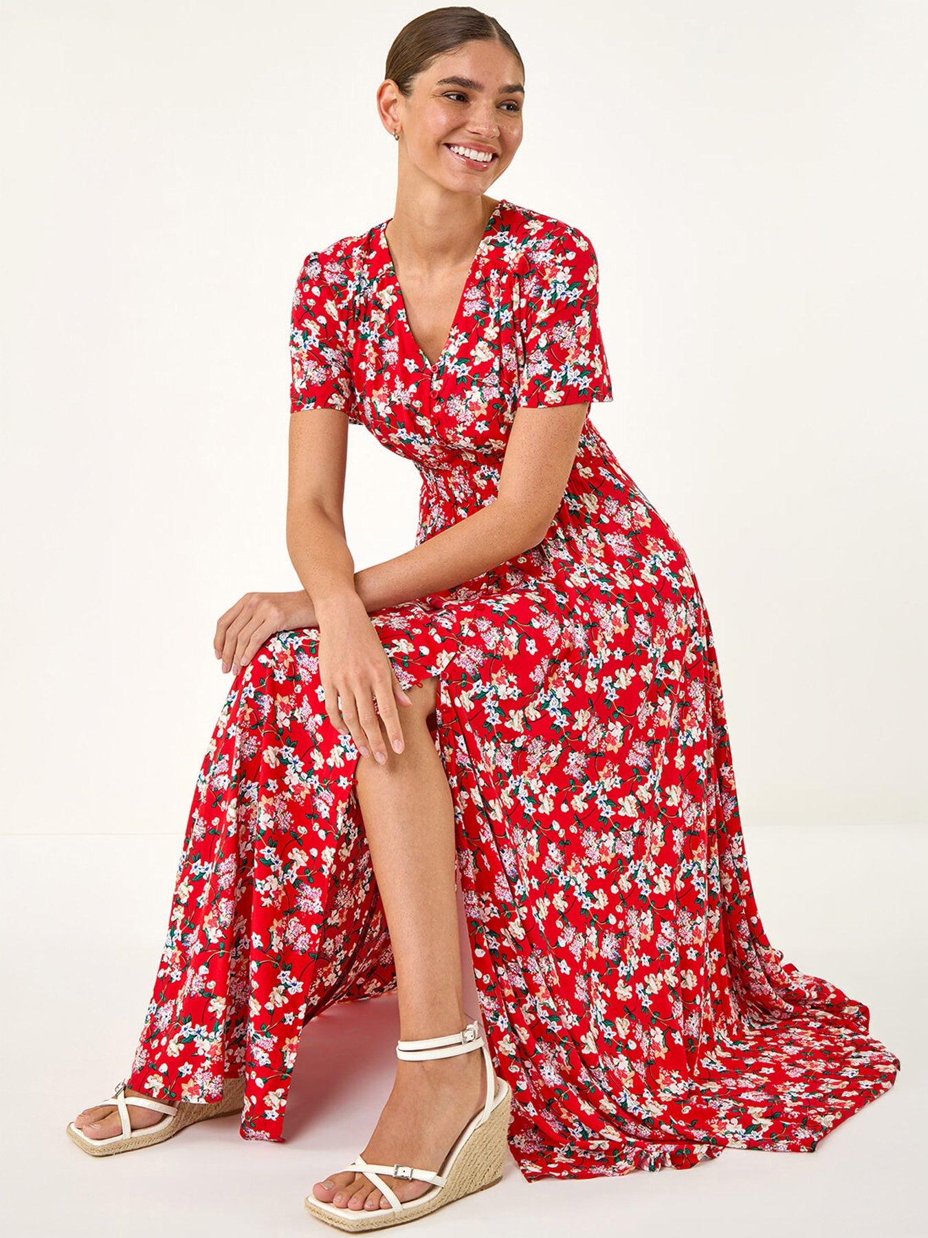 front image of roman-floral-print-button-midi-dress