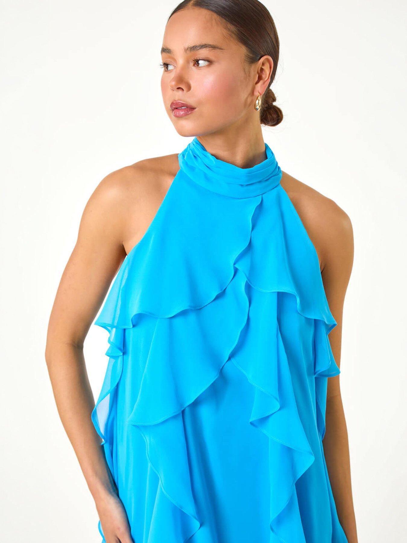 Image 3 of 5 of Roman Petite Halter Neck Ruffle Shift Dress