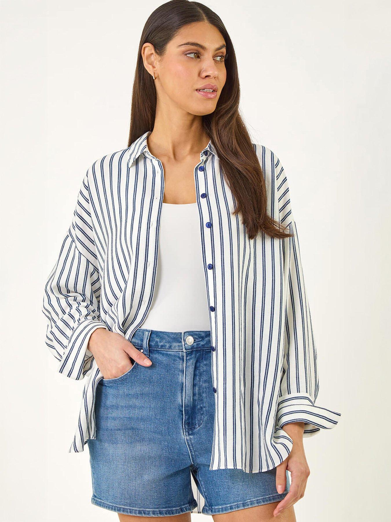  image of roman-stripe-print-button-blouse