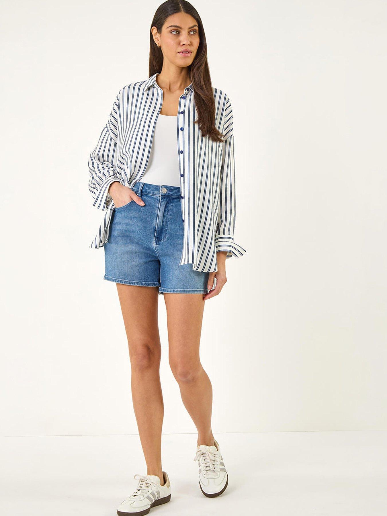  image of roman-stripe-print-button-blouse