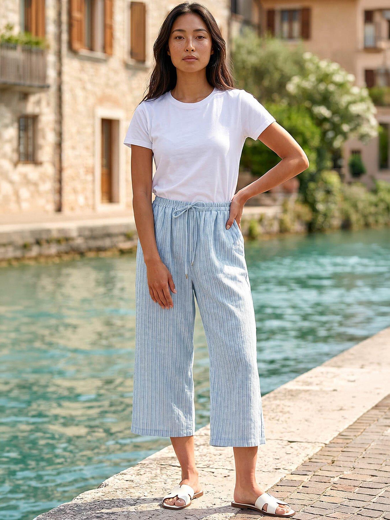 Roman Petite Stripe Cropped Wide Leg Trouser