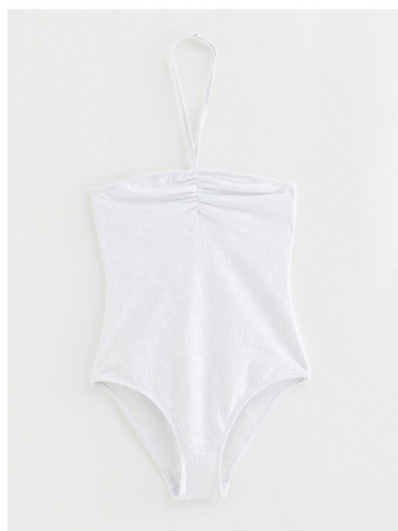 New Look 915 Girls Shell Crochet Ruched Front Halter Swimsuit - White