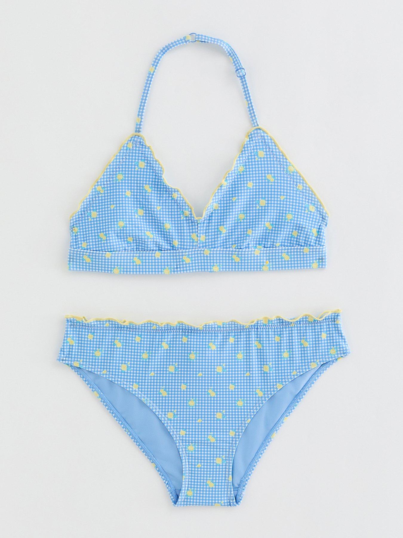 Image 1 of 2 of New Look 915 Girls Gingham Ditsy Print Shirred Bikini Set - Blue