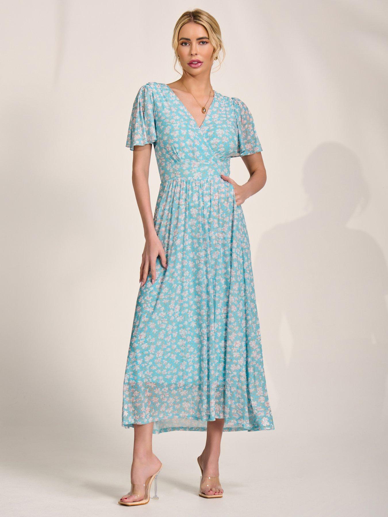 Jolie Moi Evelyn Angel Sleeve Mesh Maxi Dress - Blue
