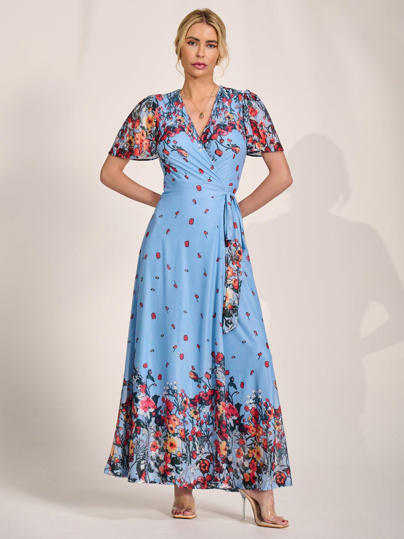 Jolie Moi Floral Mesh Wrap Maxi Dress - Blue