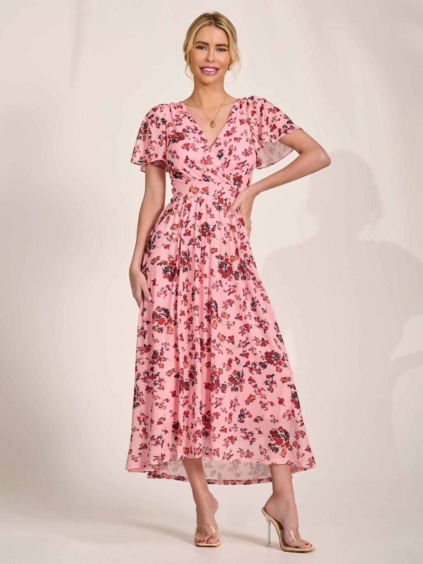 Jolie Moi Gracelyn Wrap Front Mesh Maxi Dress - Pink