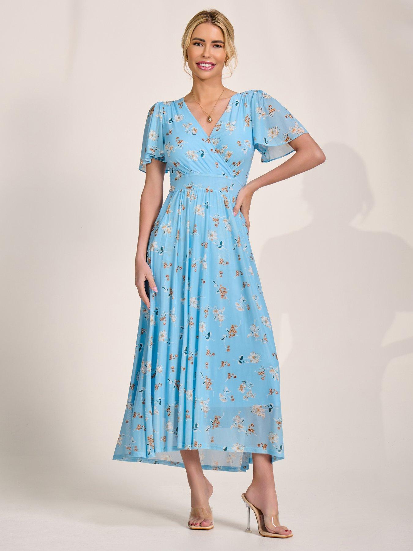 Jolie Moi Gracelyn Wrap Front Mesh Maxi Dress - Blue