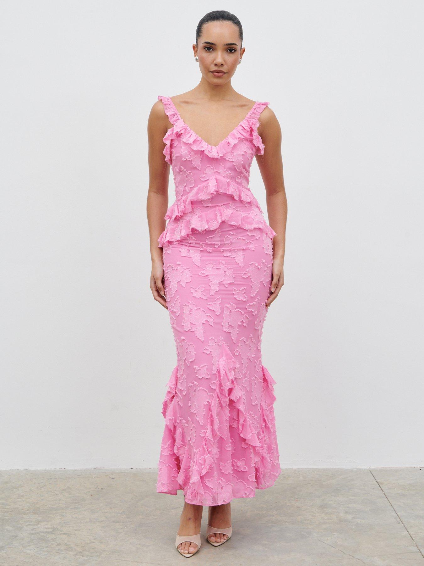 Pretty Lavish Helena Ruffle Jacquard Maxi Dress - Pink
