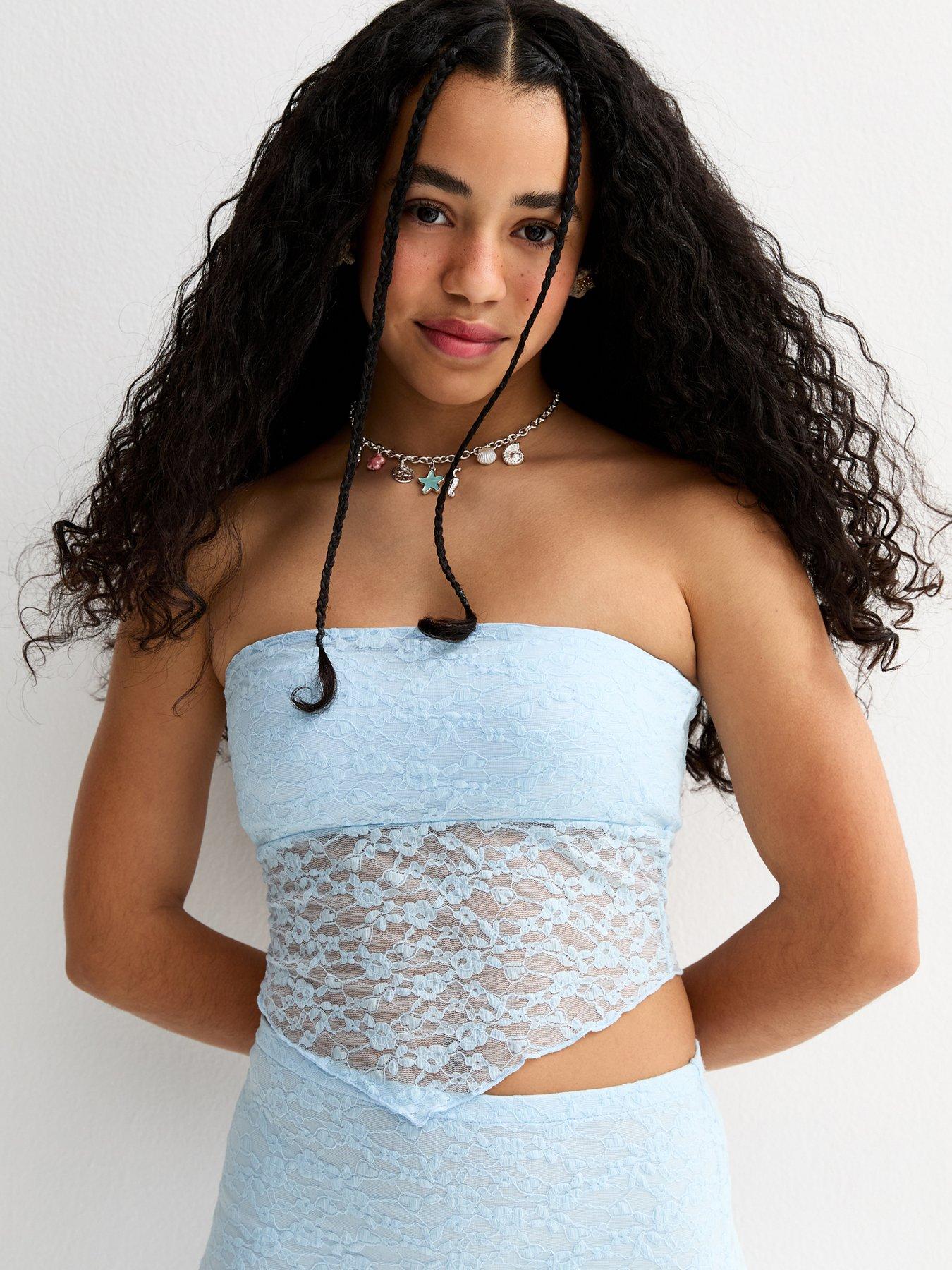 New Look 915 Girls Lace Hanky Hem Bandeau Top - Light Blue
