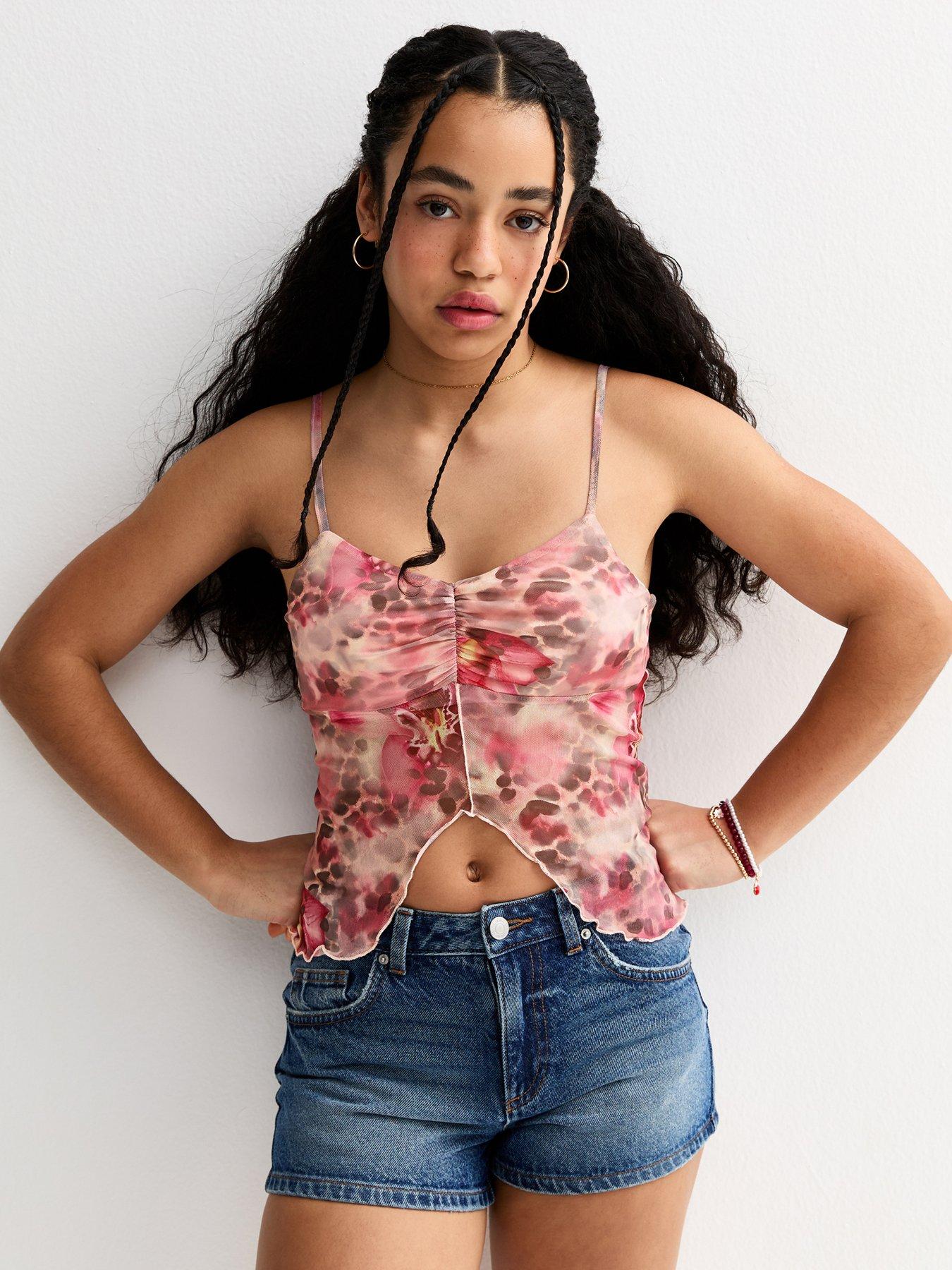 New Look 915 Girls Brown Leopard Floral Print Mesh Split Hem Cami Top