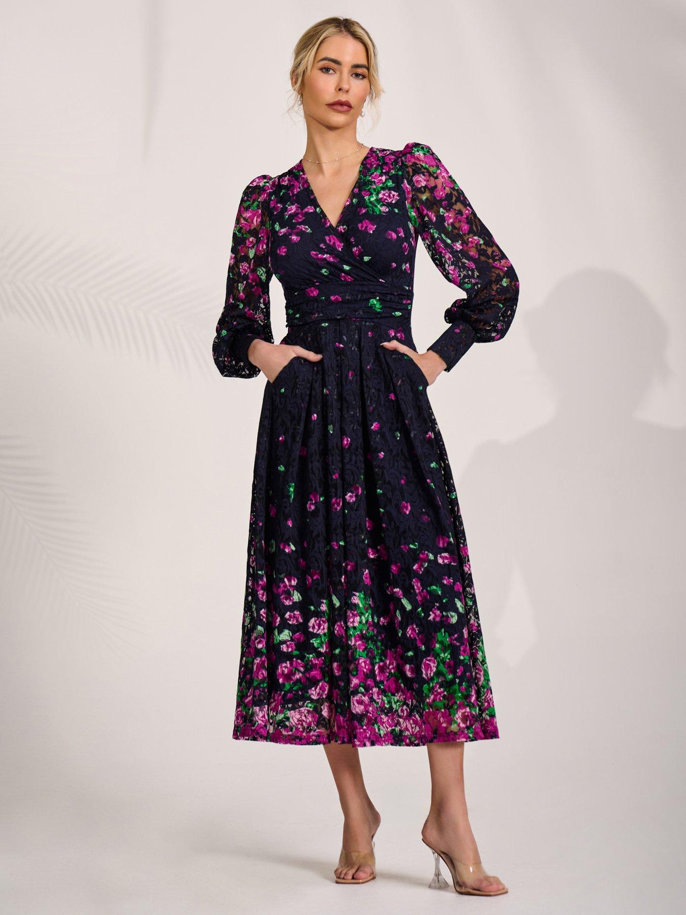 Jolie Moi Long Sleeve Printed Lace Maxi Dress - Black
