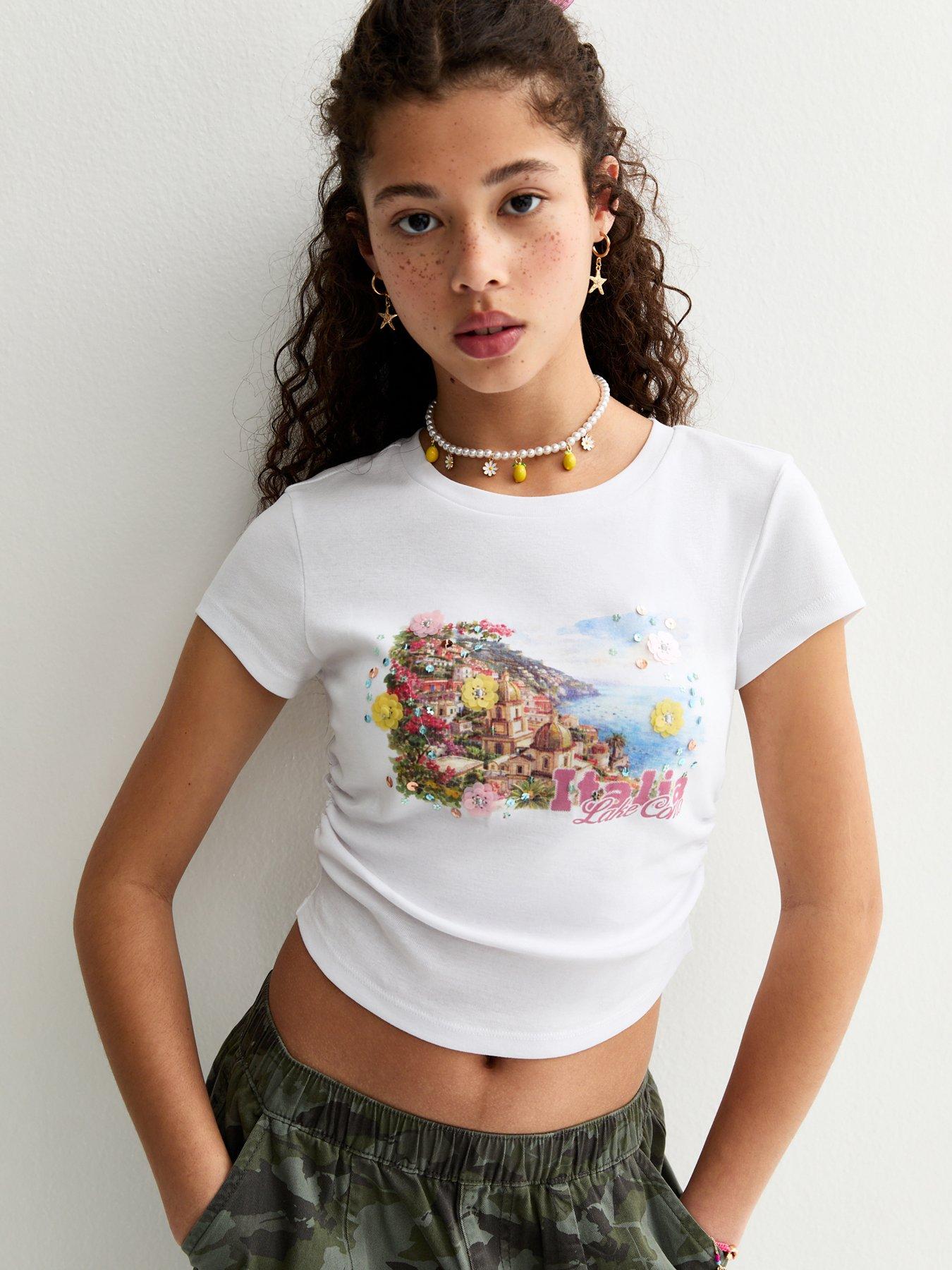 New Look 915 Girls Italia Lake Como Embellished Cropped T-Shirt - White