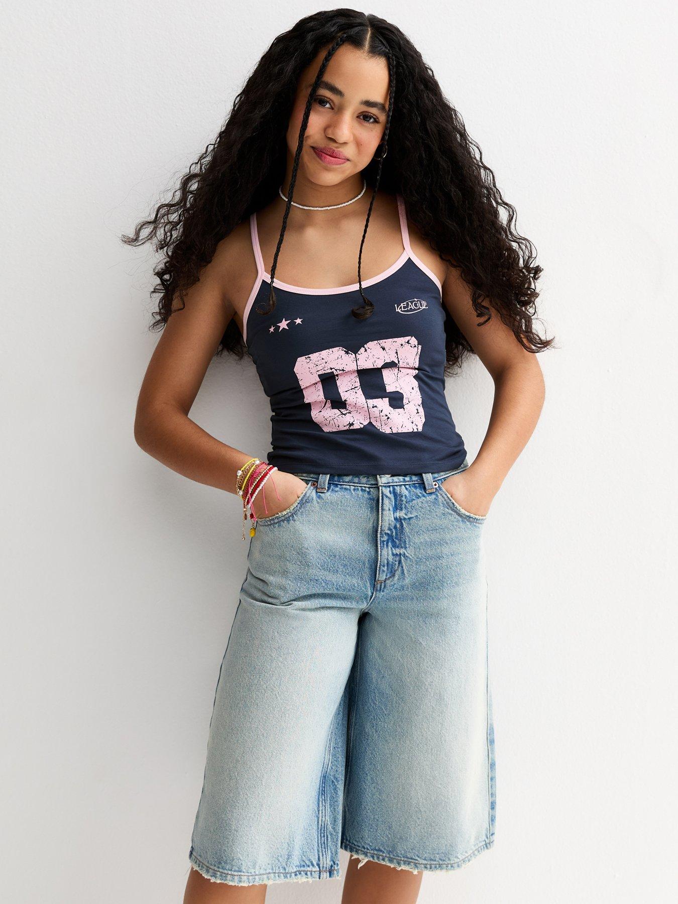 New Look 915 Girls 03 League Print Contrast Trim Vest Top - Navy