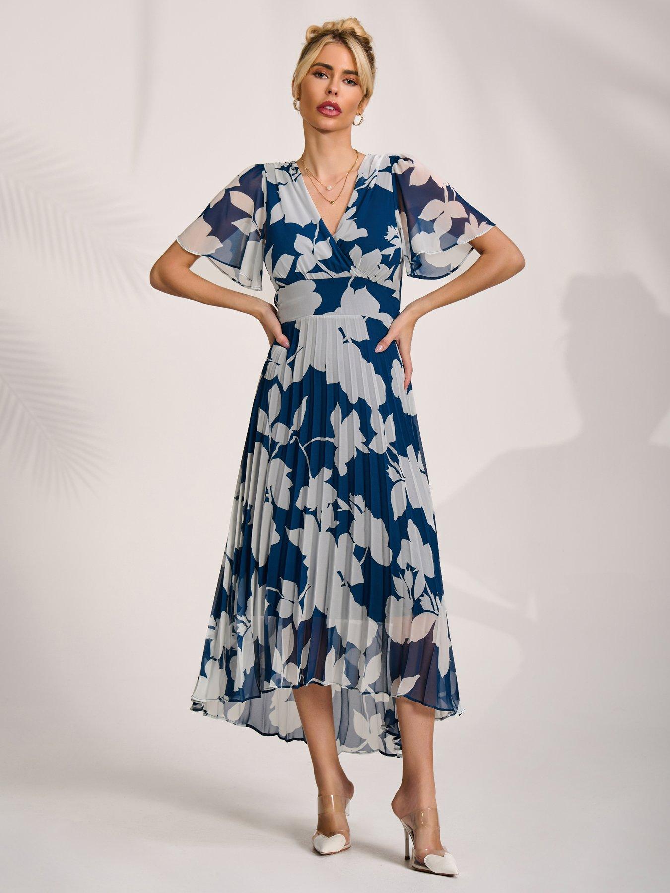 Jolie Moi Pleated Chiffon Maxi Dress - Blue
