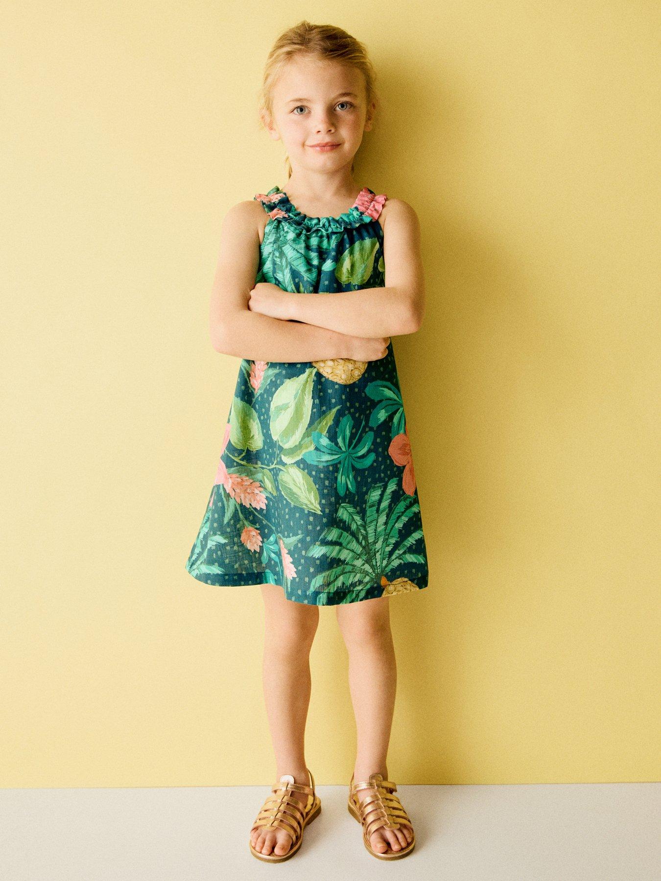 Image 1 of 6 of Mango Younger Girls Floral Dress - Green