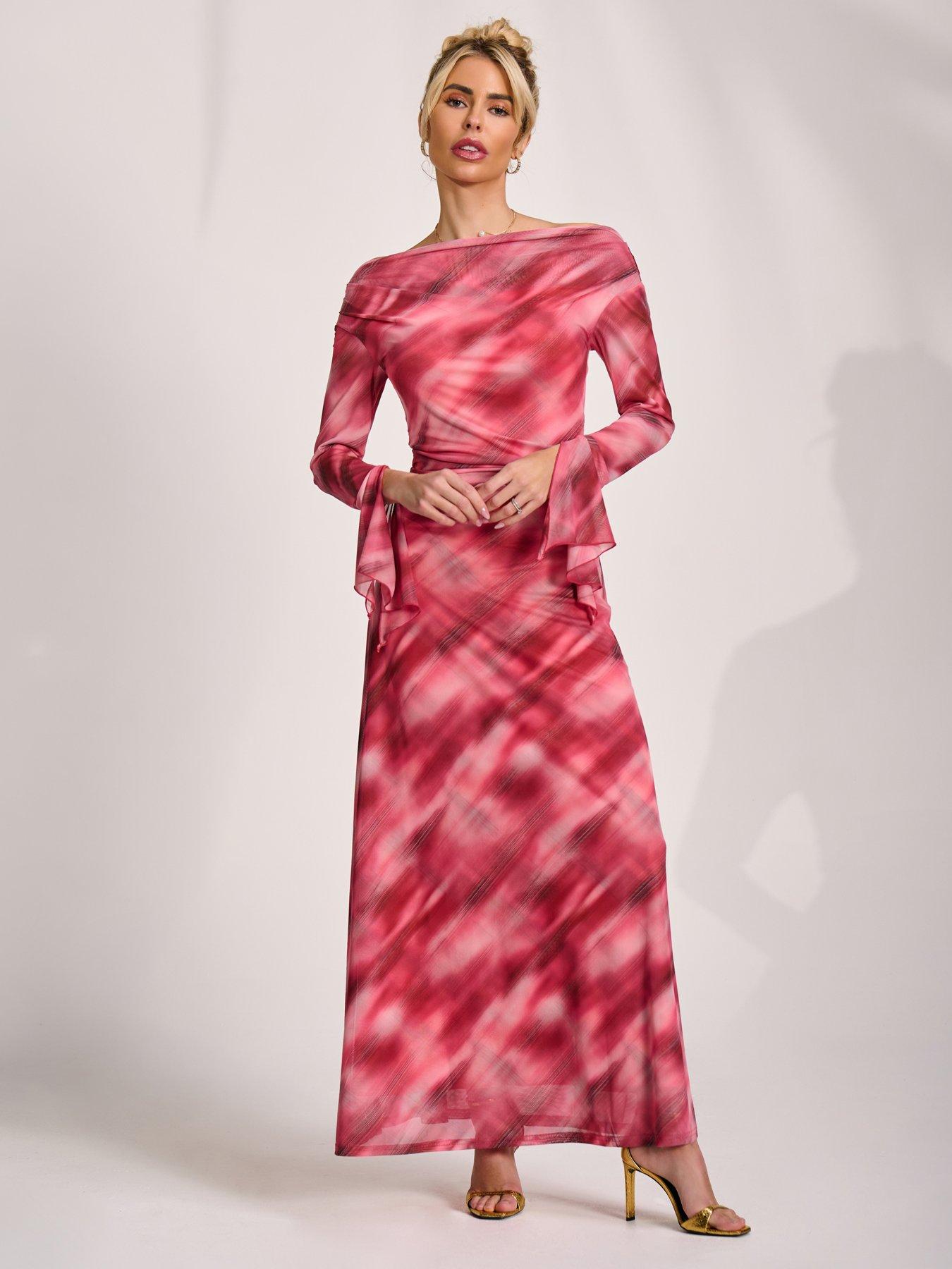 Jolie Moi Long Sleeve Slash Neck Mesh Maxi Dress - Pink