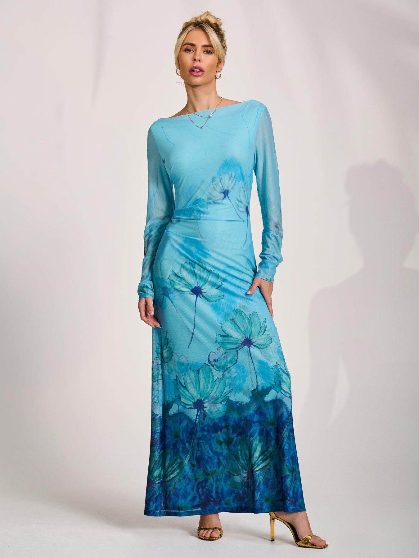 Jolie Moi Long Sleeve Slash Neck Mesh Maxi Dress - Blue