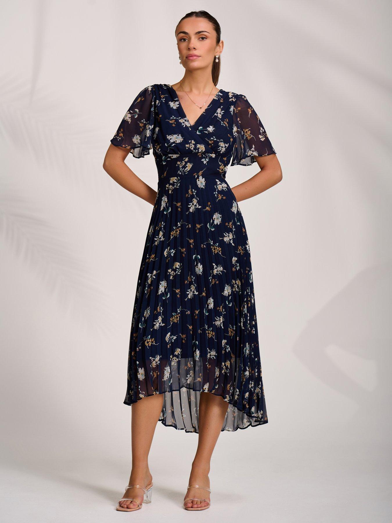 Image 1 of 7 of Jolie Moi Pleated Chiffon Maxi Dress - Navy