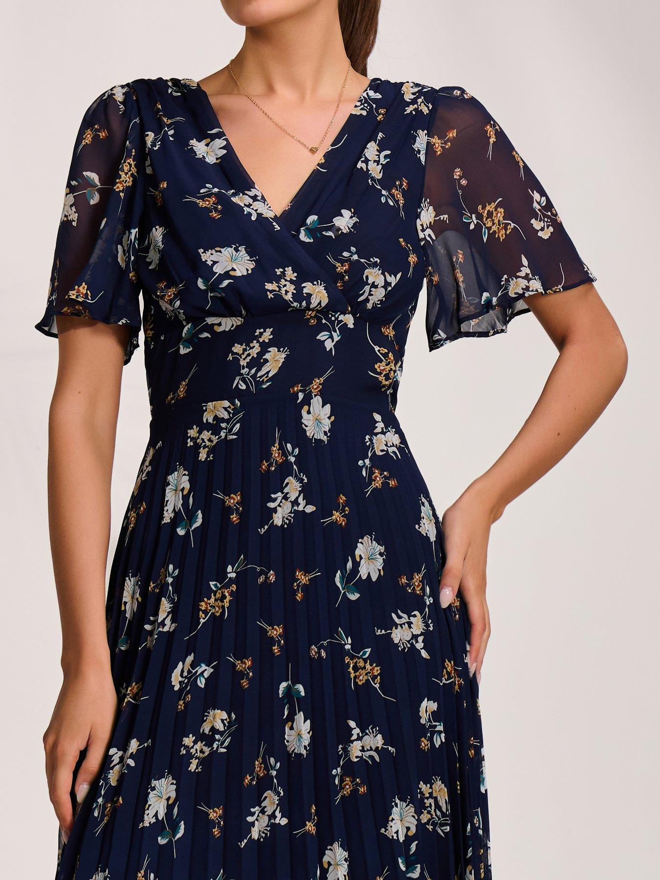 Image 4 of 7 of Jolie Moi Pleated Chiffon Maxi Dress - Navy