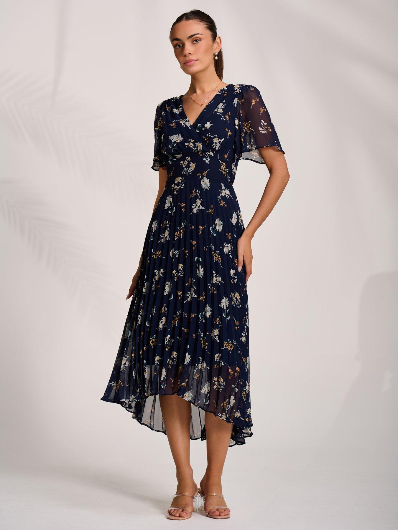 Image 6 of 7 of Jolie Moi Pleated Chiffon Maxi Dress - Navy