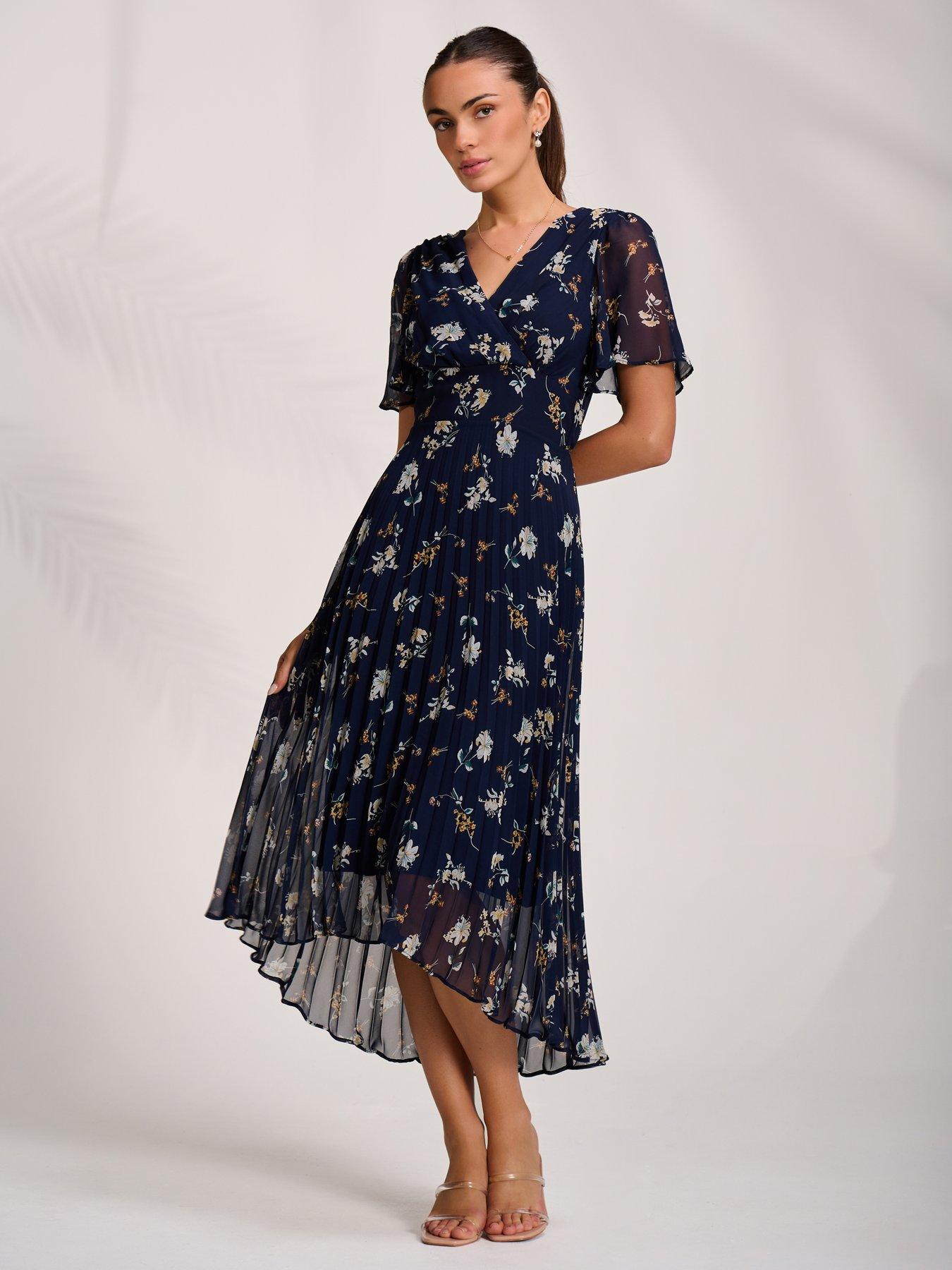 Image 7 of 7 of Jolie Moi Pleated Chiffon Maxi Dress - Navy