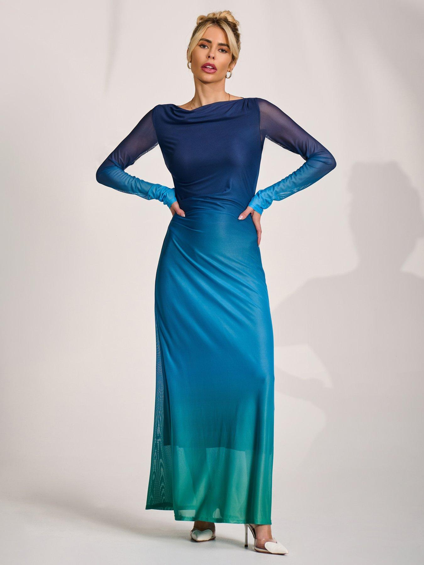 Jolie Moi Long Sleeve Slash Neck Mesh Maxi Dress - Blue