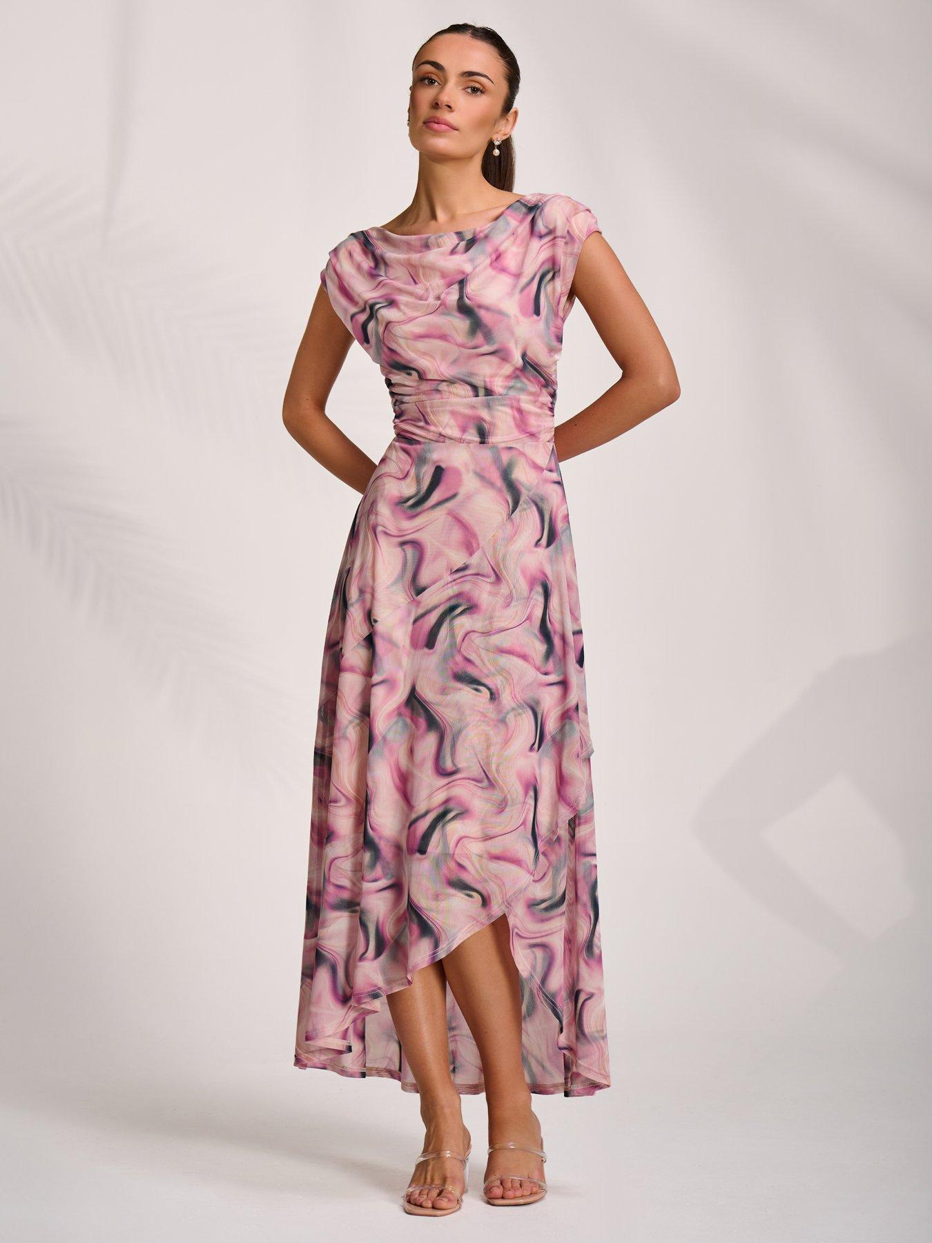 Jolie Moi Asymmetric Draped Mesh Maxi Dress - Pink