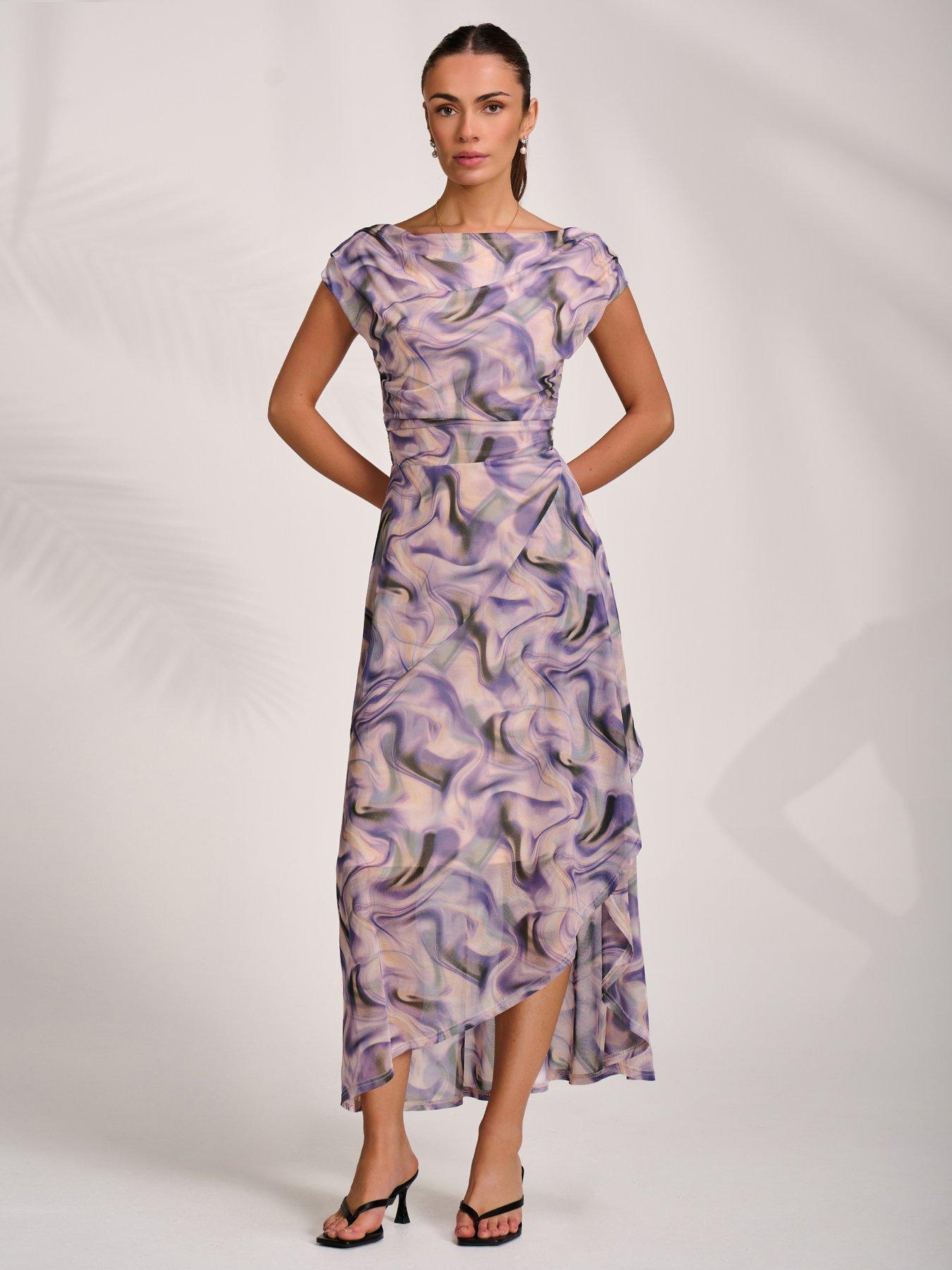Jolie Moi Asymmetric Draped Mesh Maxi Dress - Purple
