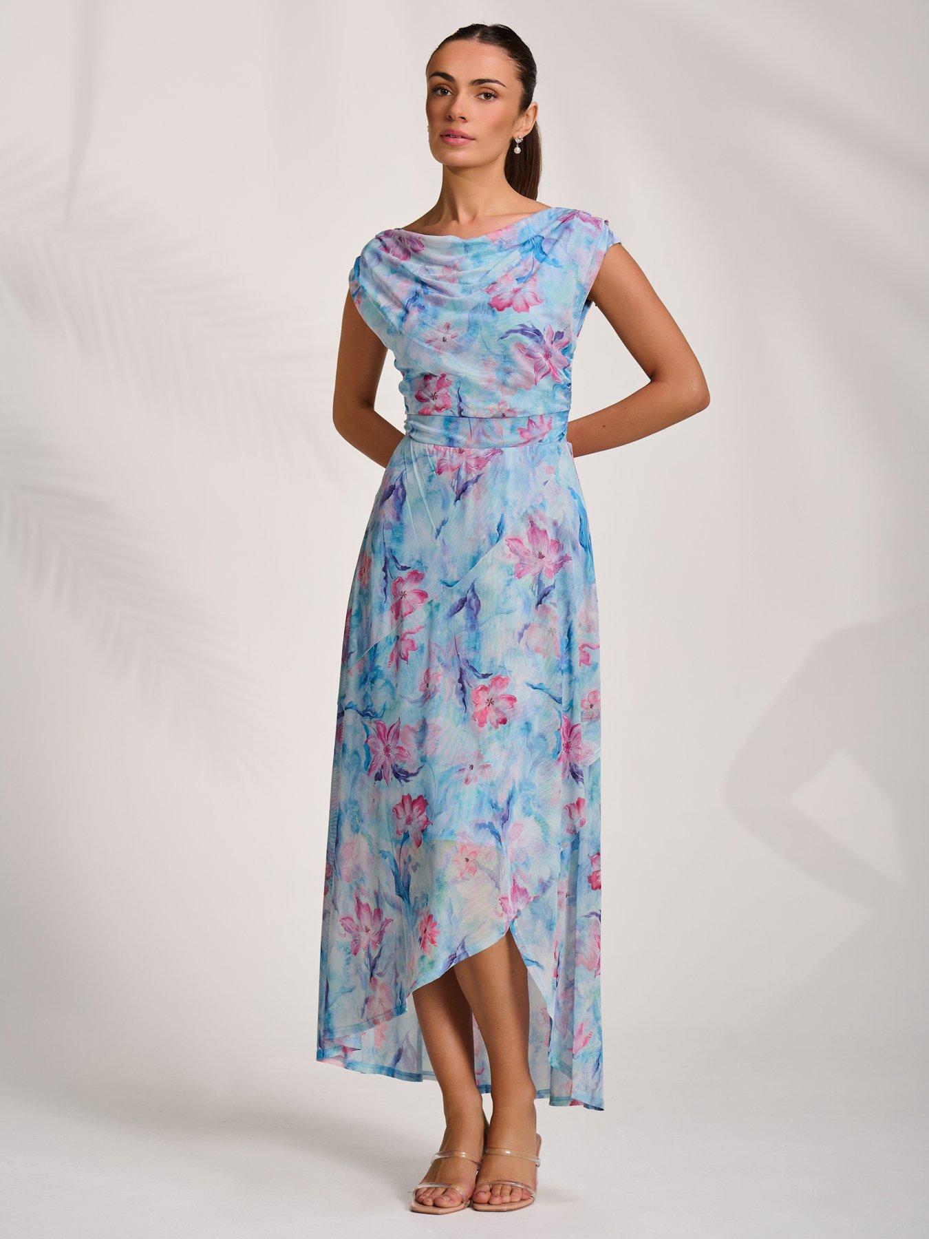 Jolie Moi Asymmetric Draped Mesh Maxi Dress - Blue