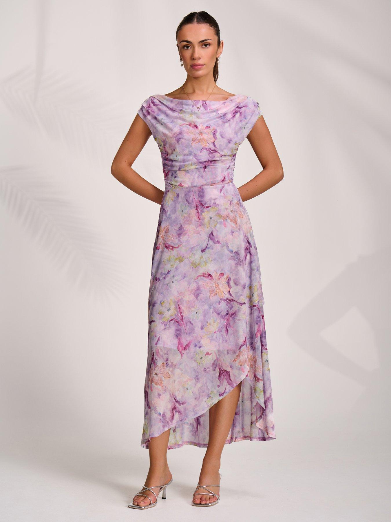 Jolie Moi Asymmetric Draped Mesh Maxi Dress - Purple