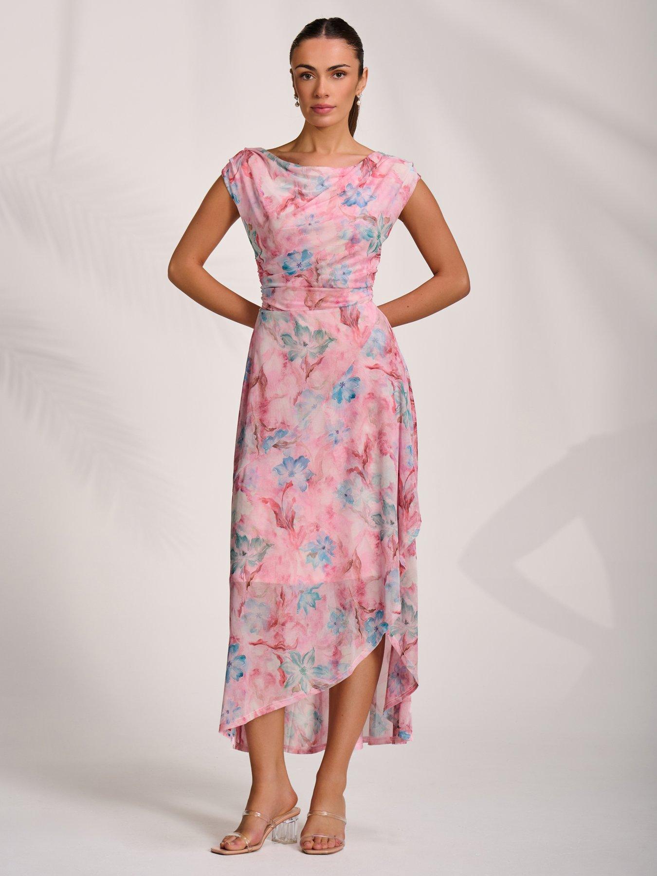 Jolie Moi Asymmetric Draped Mesh Maxi Dress - Pink
