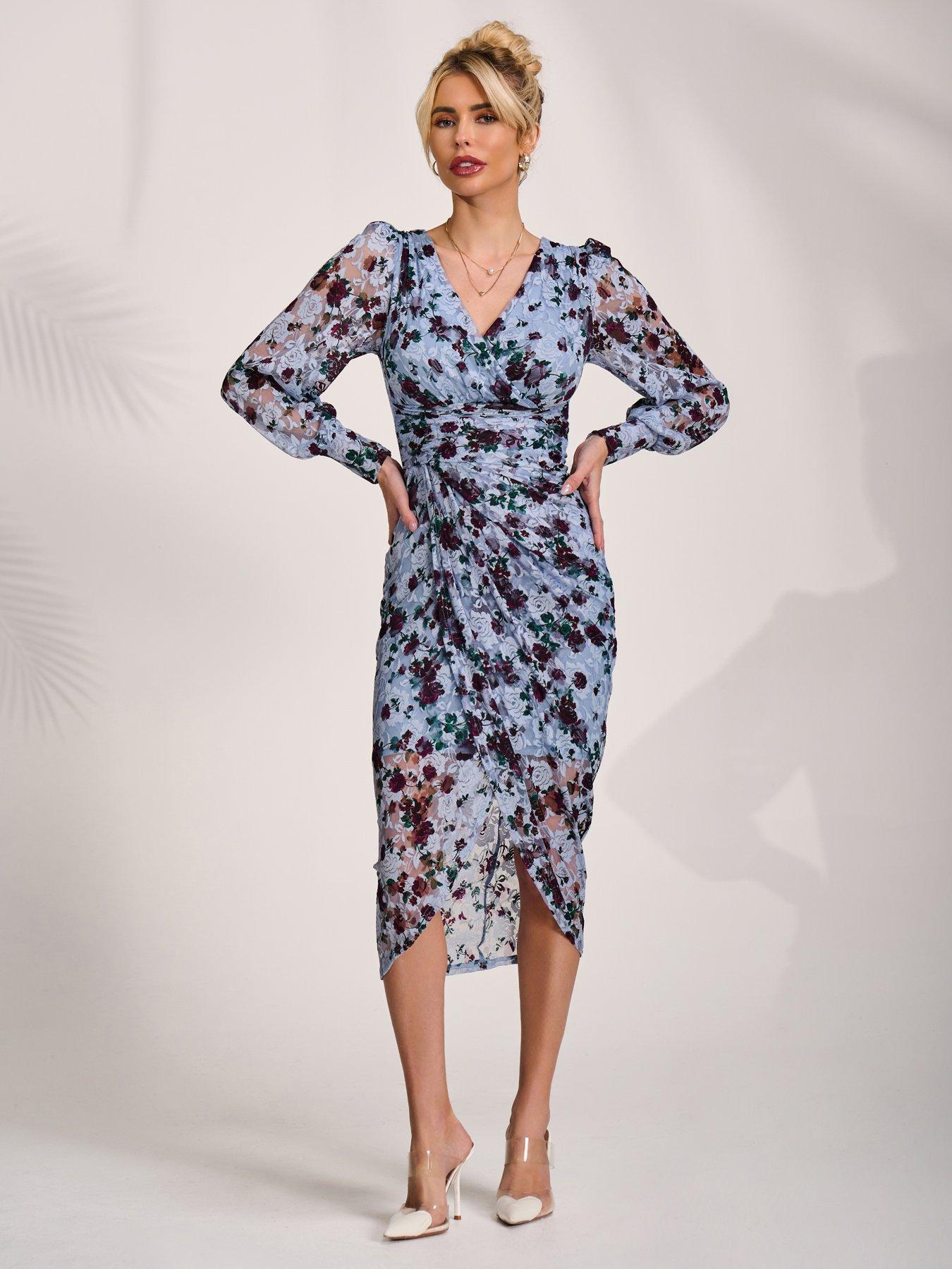 Jolie Moi Lace Long Sleeve Ruched Bodycon Dress - Blue