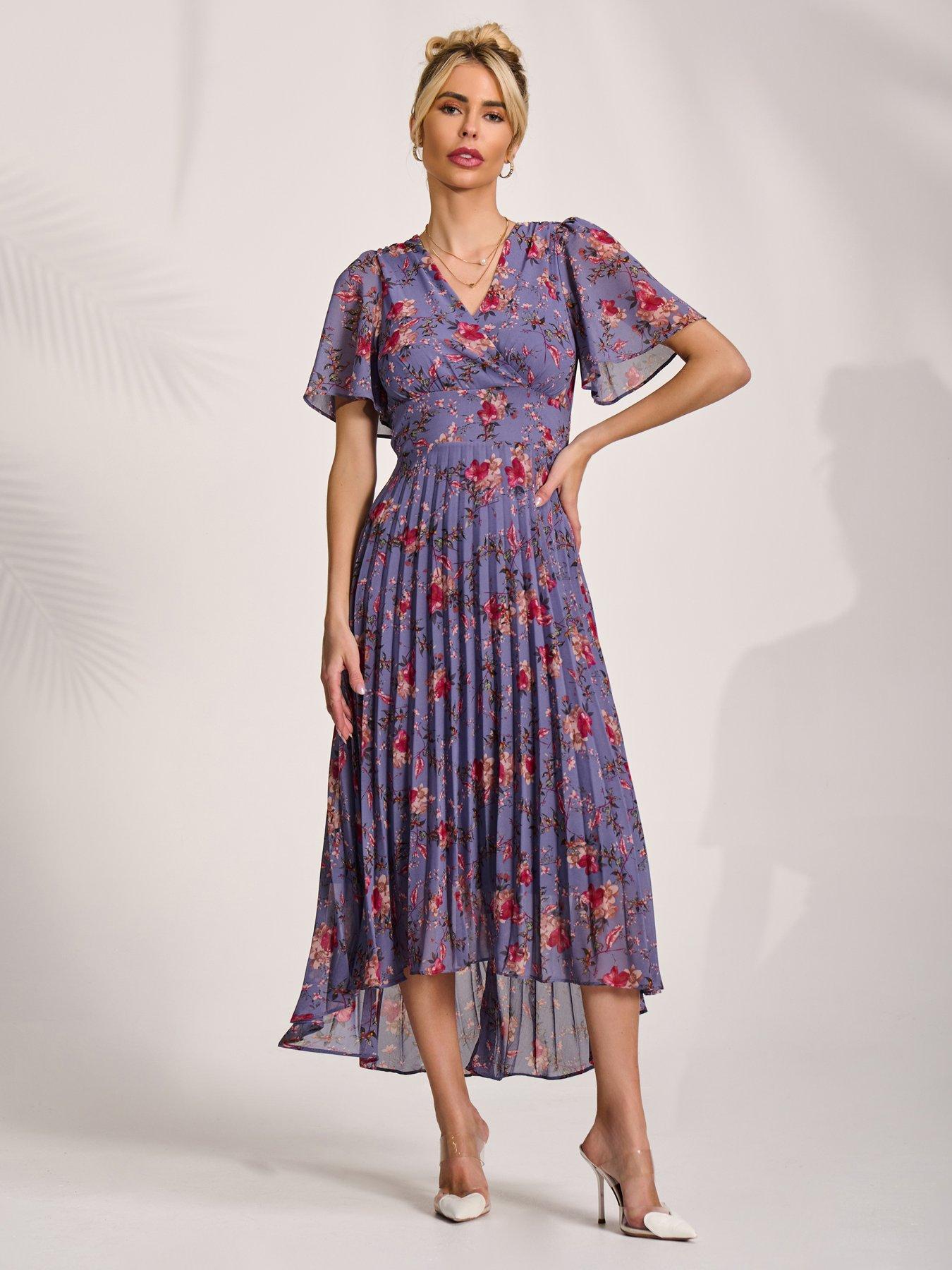 Jolie Moi Printed Chiffon Pleated Maxi Dress - Purple