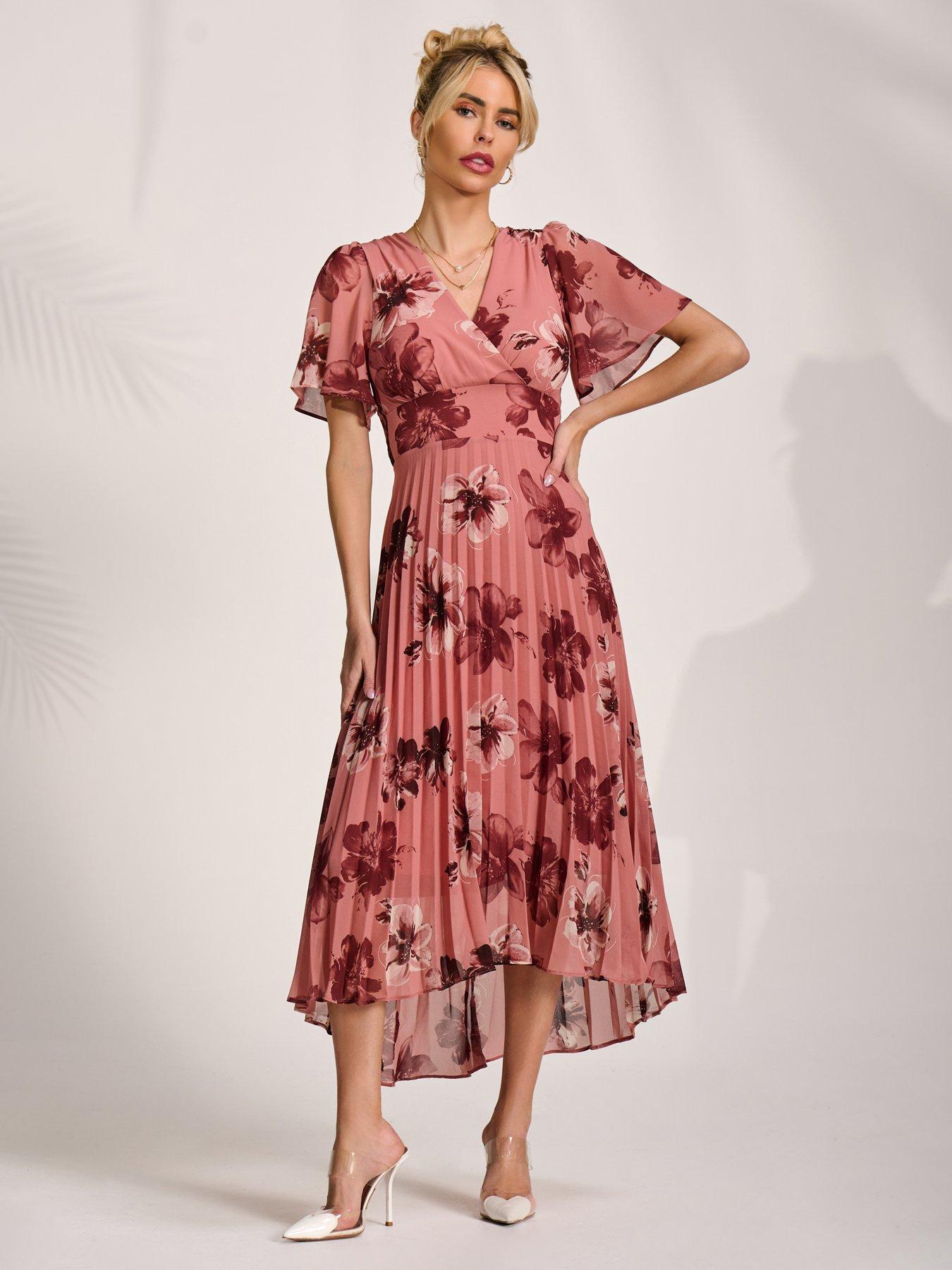Jolie Moi Printed Chiffon Pleated Maxi Dress - Pink