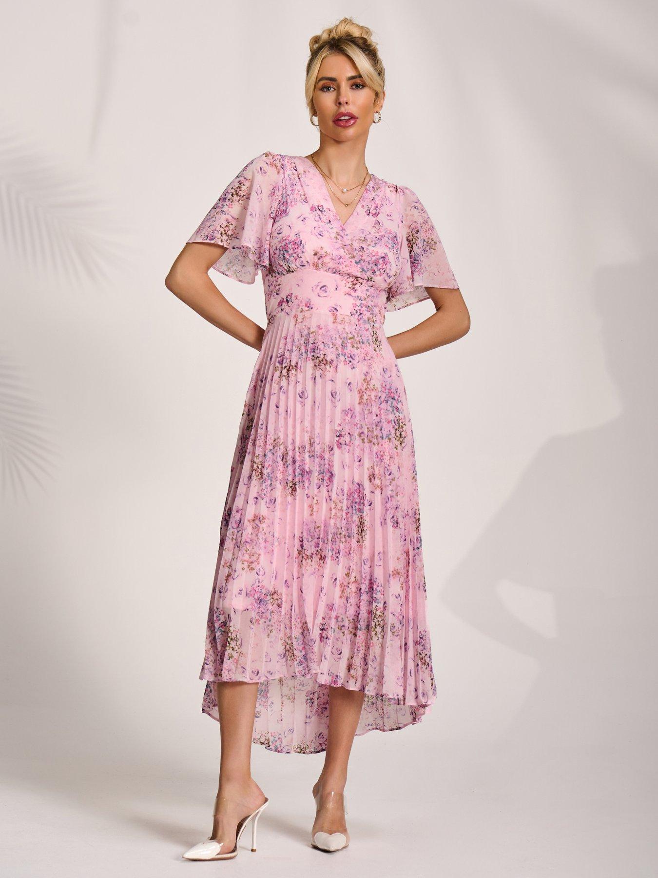 Jolie Moi Printed Chiffon Pleated Maxi Dress - Pink